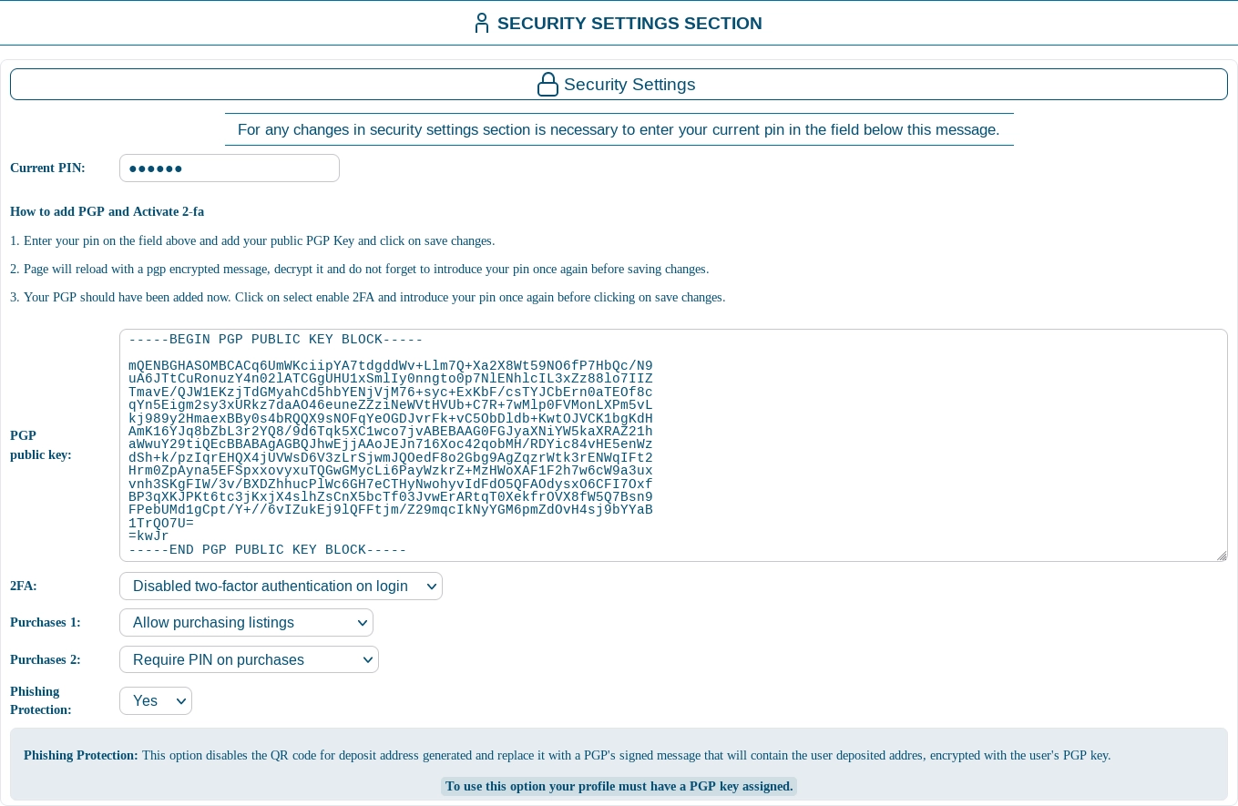 Screenshot of the Security Settings Area